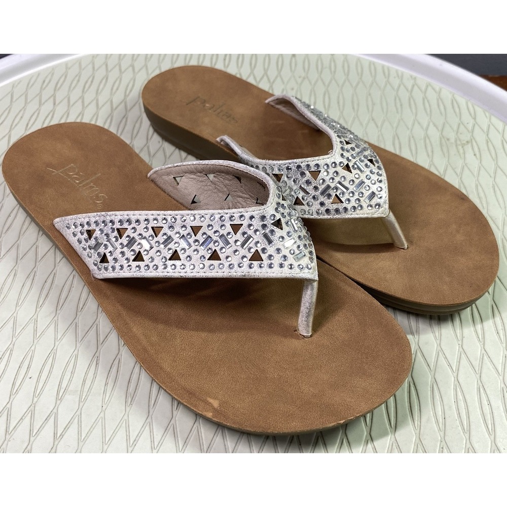 Palms‎ Women's Ivory Sparkly Flip Flop Sandals Silver Jeweled Thing Sz. 7M EUC